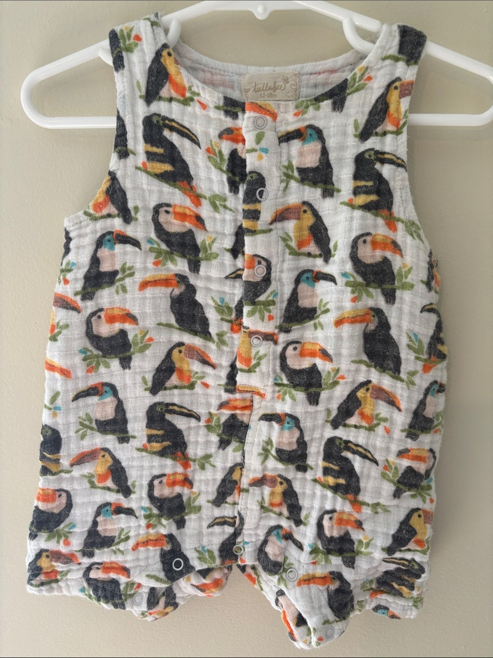 Tullabee toucan romper gauze like material